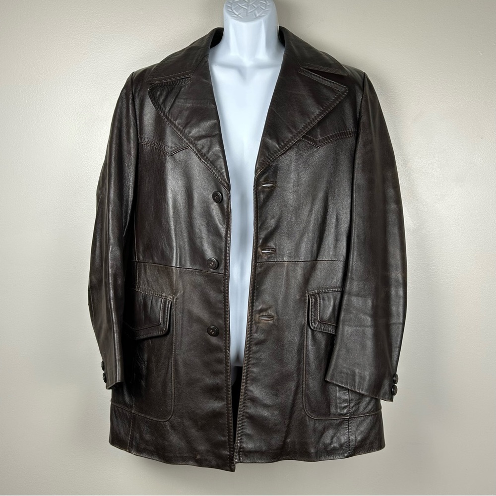 VTG Reed Sportswear Leather Jacket Mens 40 Chocolate Brown Button Up Collar 70s